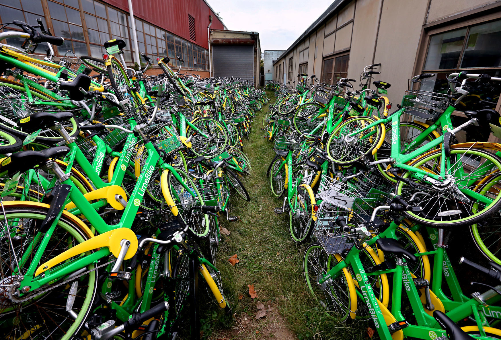 Broken LimeBikes stacked up in St. Louis